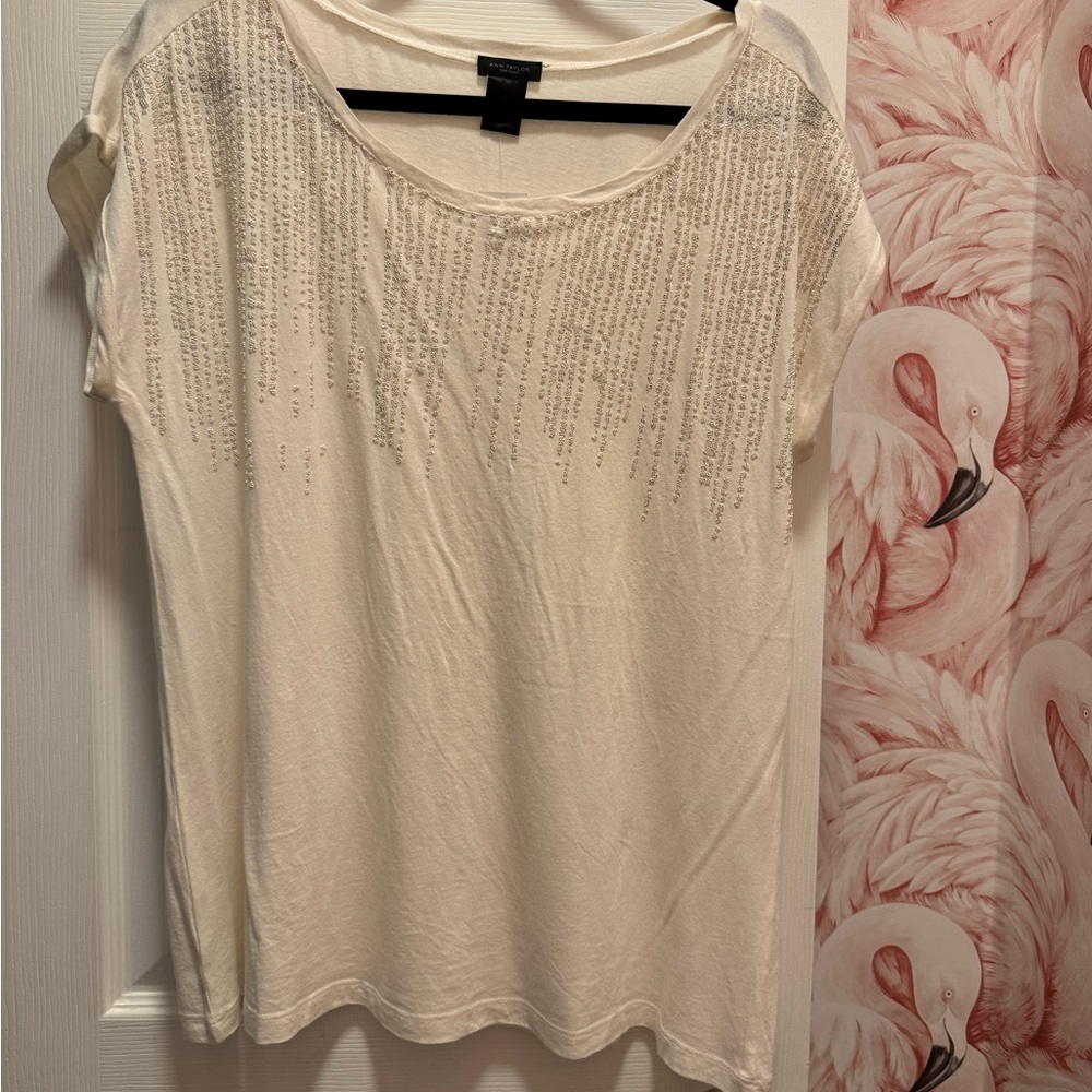 Ann Taylor factory Cream Short Sleeve Top with Silver Accents